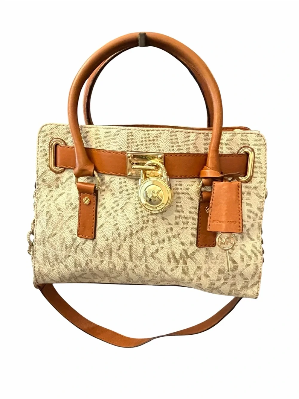Michael Kors Hamilton Monogram Padlock Logo Satchel Beige Vanilla Leather Trim